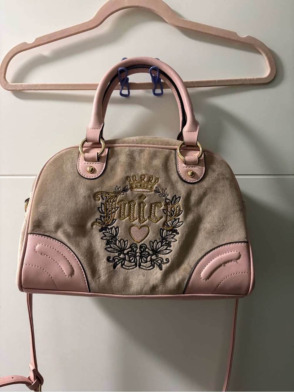 Juicy Couture Pink and Beige Embroidered Satchel